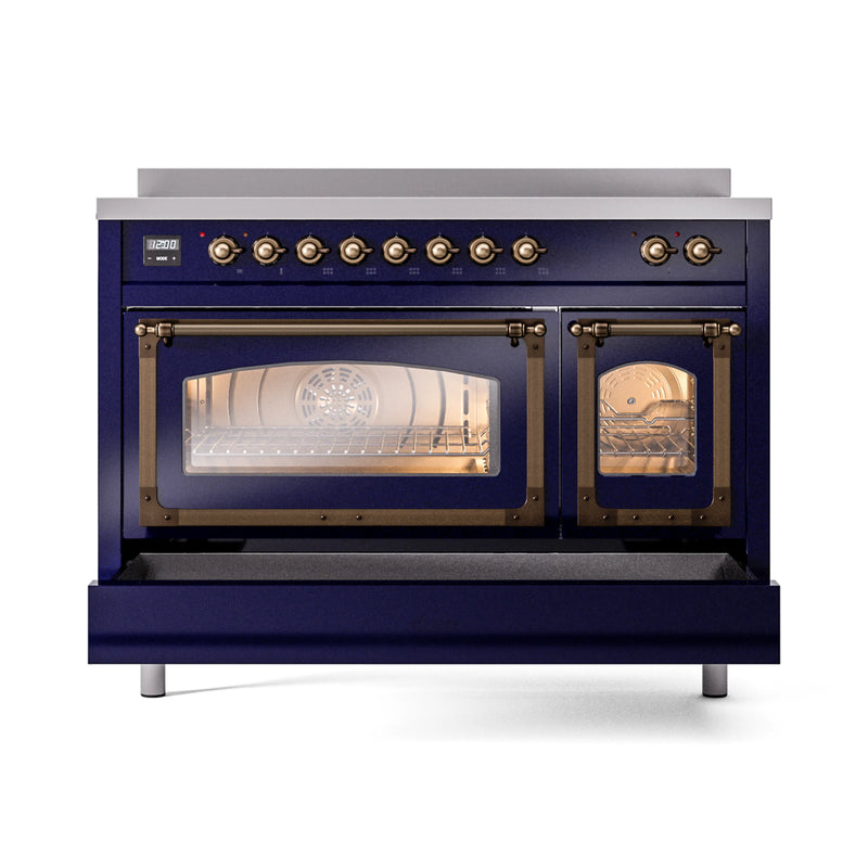 ILVE Nostalgie II Noblesse 48-Inch Induction Range with Triple Glass Door in Midnight Blue with Bronze Trim (UNI486NMPMBB)