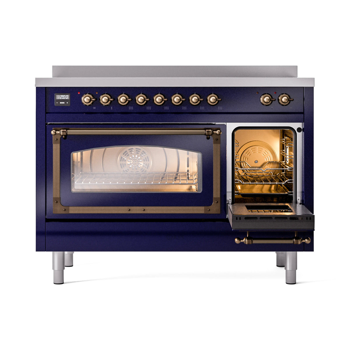 Midnight blue induction range with triple glass doors and bronze trim, front view
