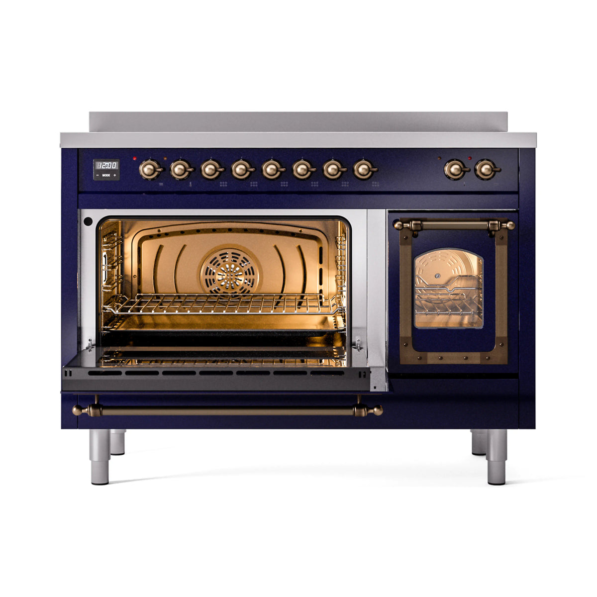 Midnight blue induction range with open oven doors showing racks, bronze controls