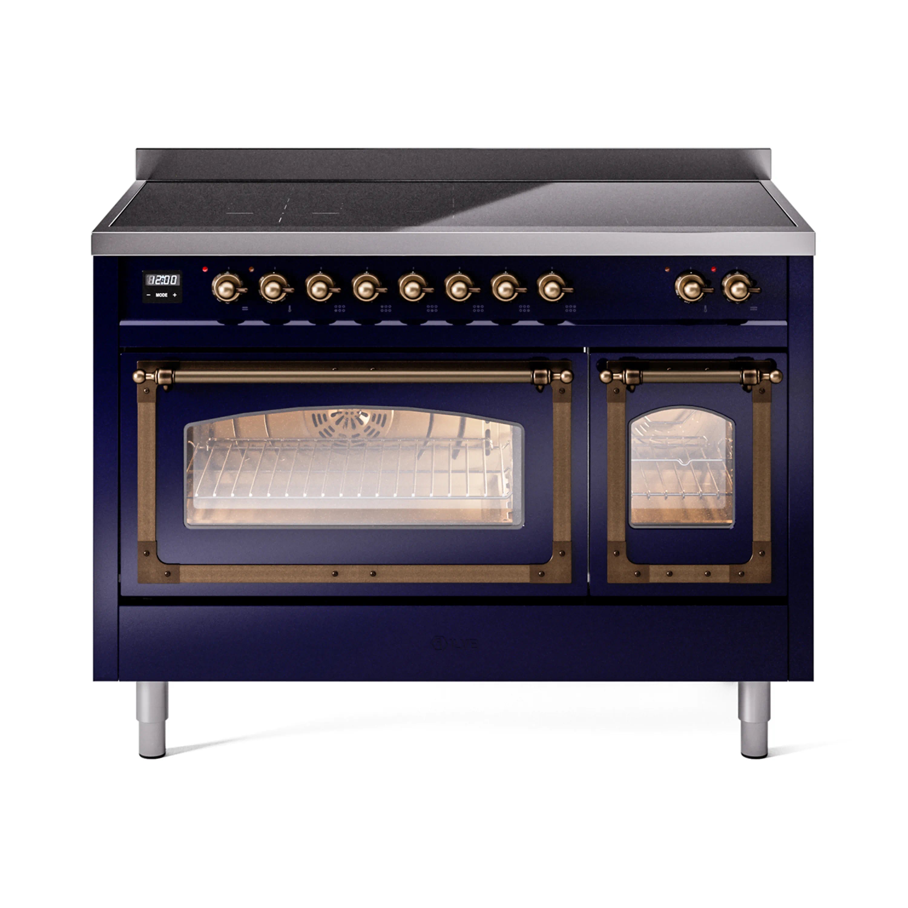 Midnight blue induction range with two open oven doors and bronze handle trim