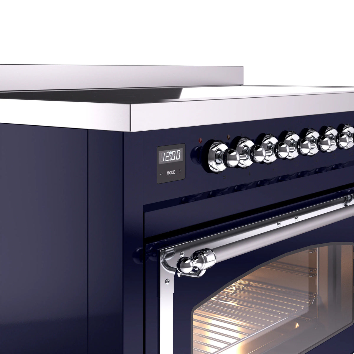 ILVE induction range control knobs and digital display on midnight blue panel