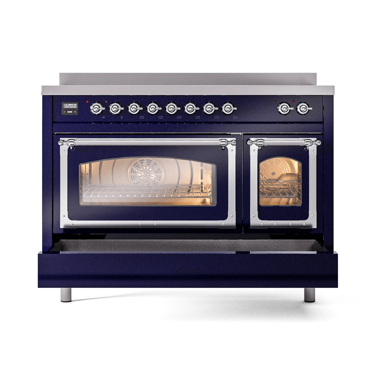 ILVE induction range with lower oven door open and illuminated racks behind glass