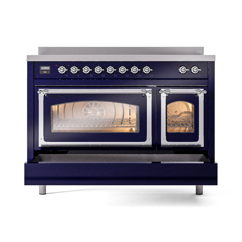 ILVE Nostalgie II Noblesse 48-Inch Induction Range with Triple Glass Door in Midnight Blue with Chrome Trim (UNI486NMPMBC)