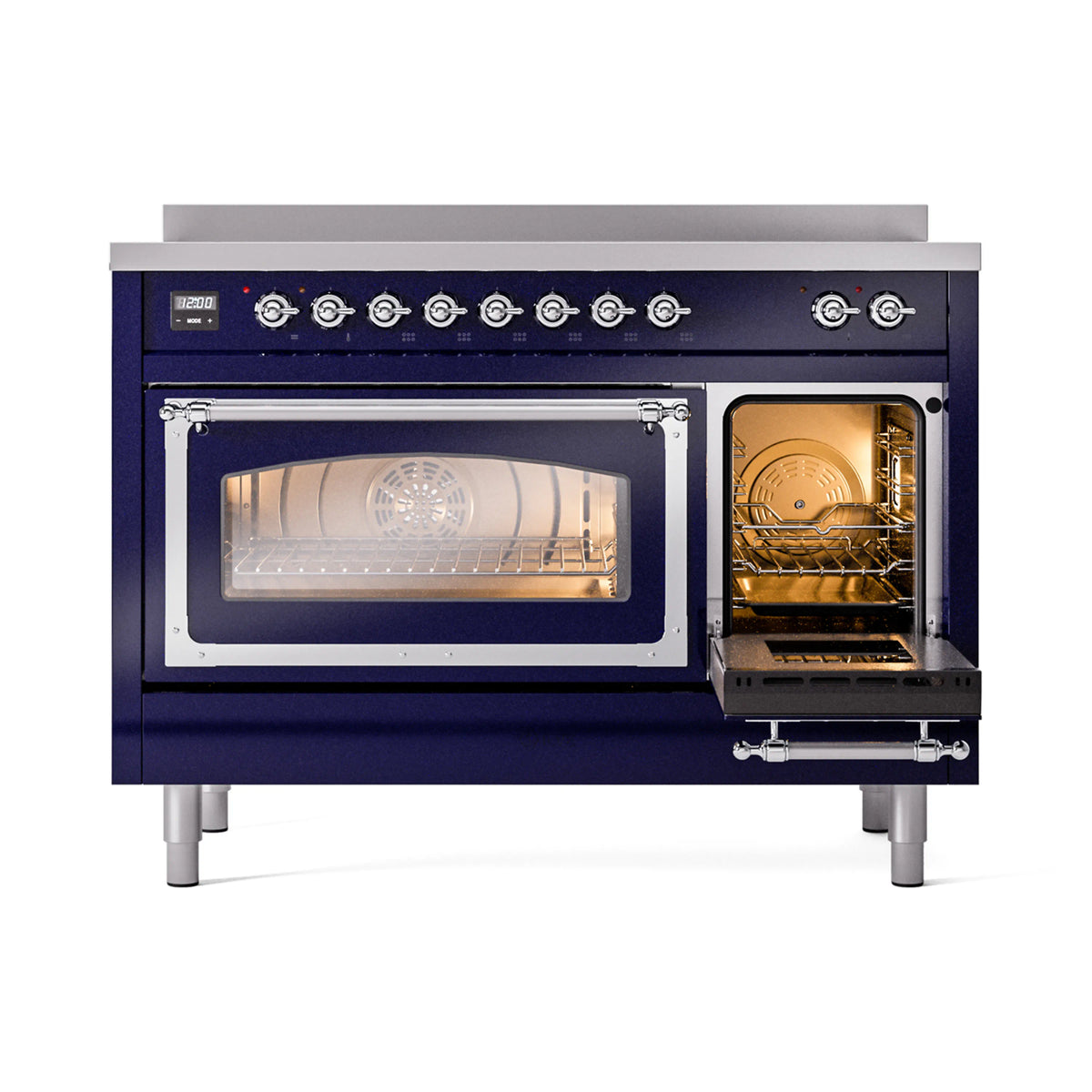 ILVE induction range with one oven door open, chrome handle and illuminated interior