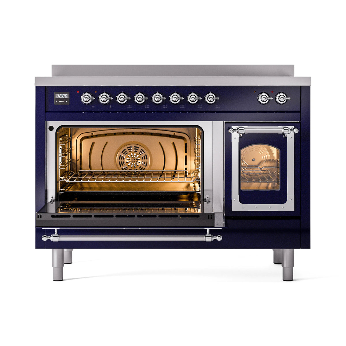 ILVE induction range with both oven doors open, chrome trim and illuminated racks