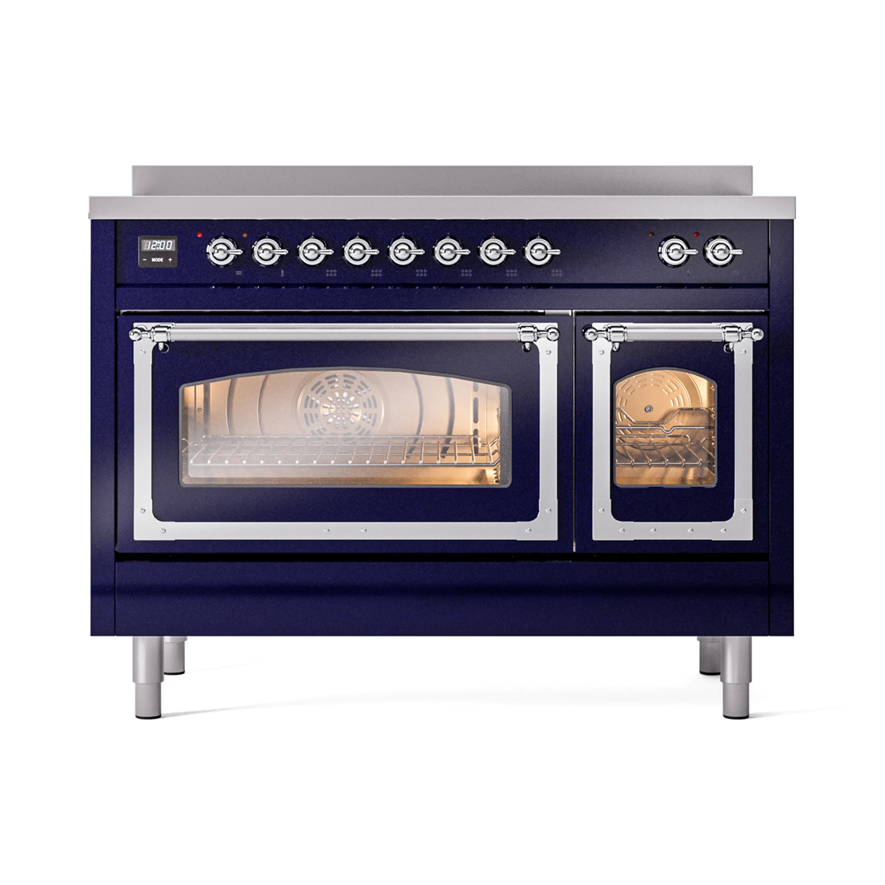 ILVE induction range in midnight blue with chrome trim and two glass oven doors