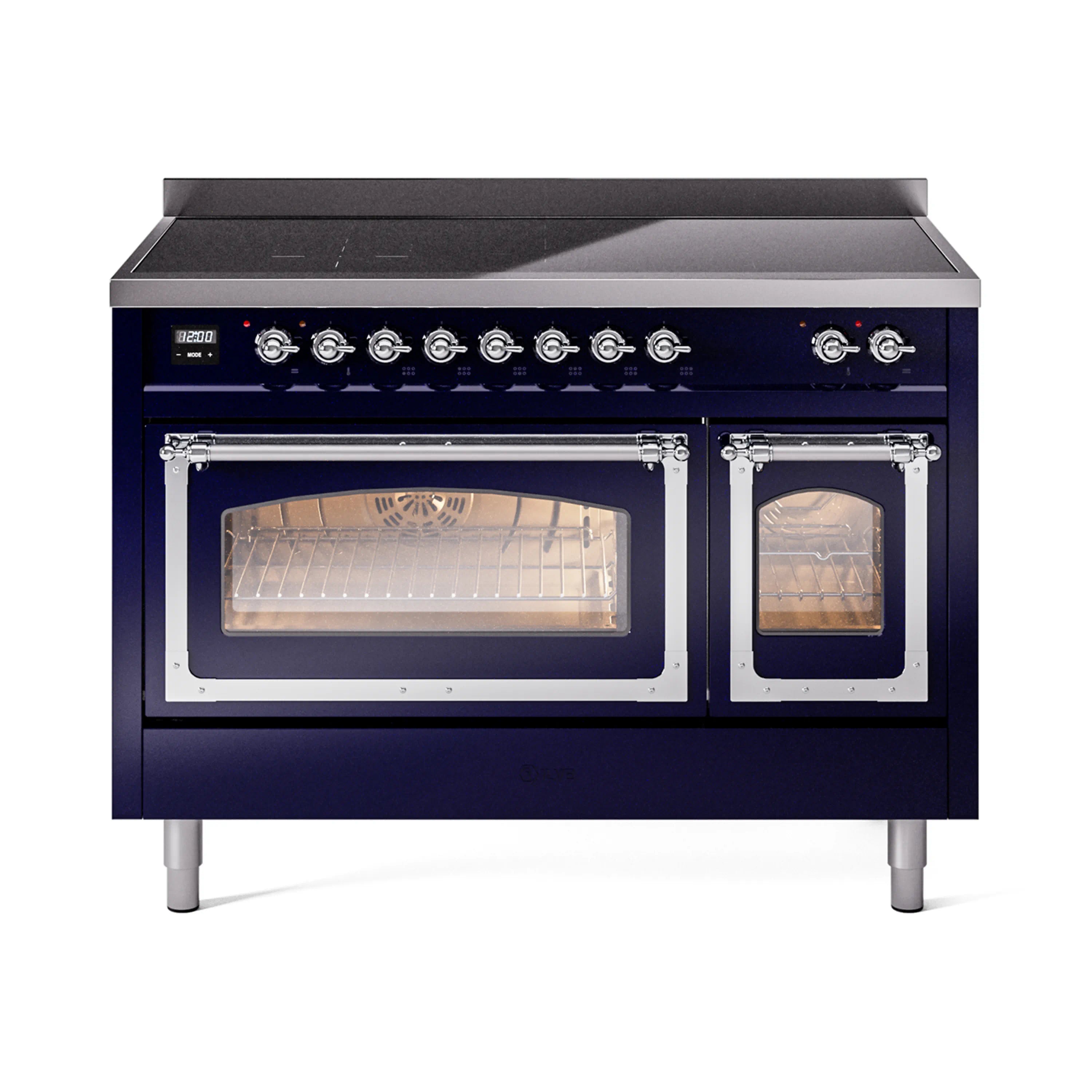 ILVE induction range front with chrome control knobs and two glass doors, midnight blue