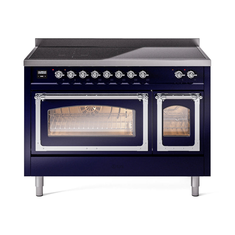 ILVE Nostalgie II Noblesse 48-Inch Induction Range with Triple Glass Door in Midnight Blue with Chrome Trim (UNI486NMPMBC)