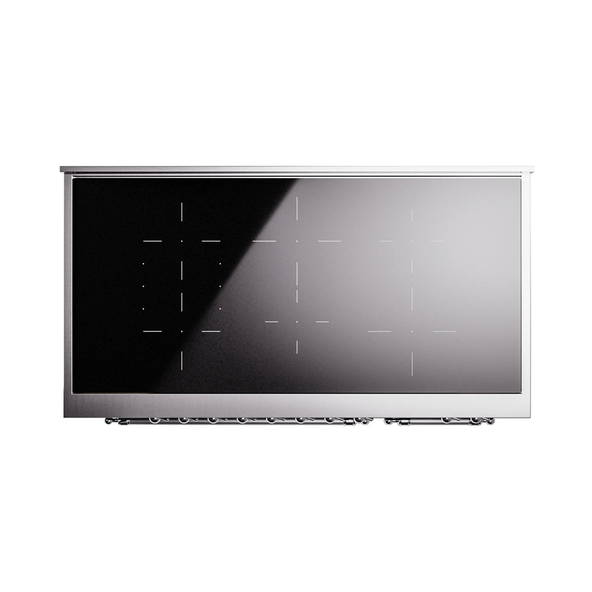 Induction range front glass door panel with chrome frame, dark reflective surface