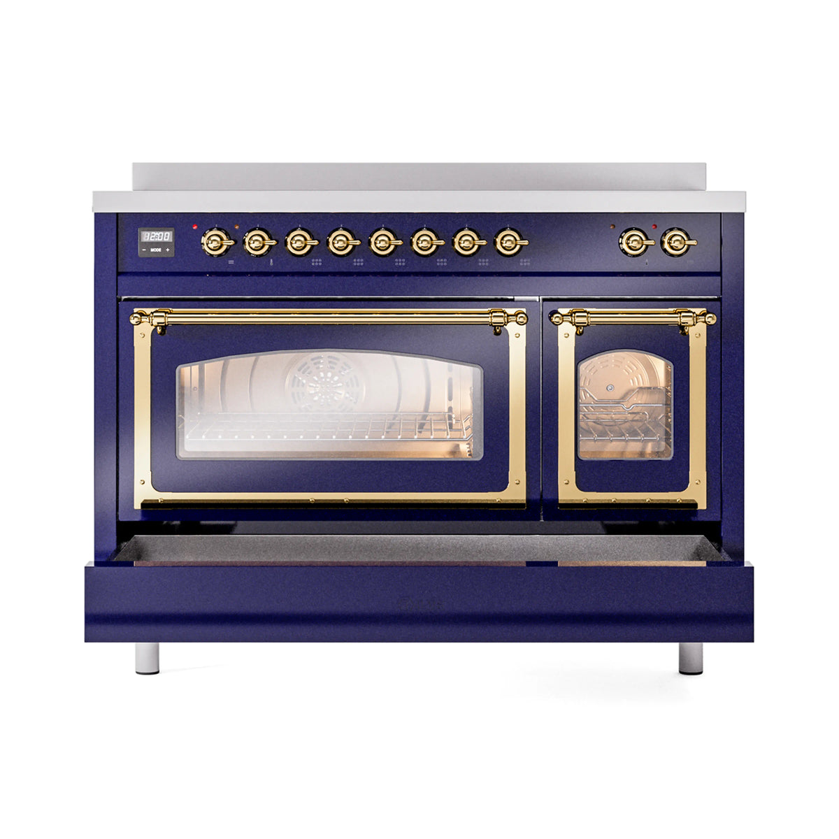 Midnight blue induction range showing both ovens with illuminated interior racks