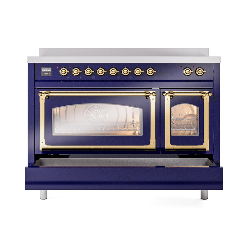 ILVE Nostalgie II Noblesse 48-Inch Induction Range with Triple Glass Door in Midnight Blue with Brass Trim (UNI486NMPMBG)