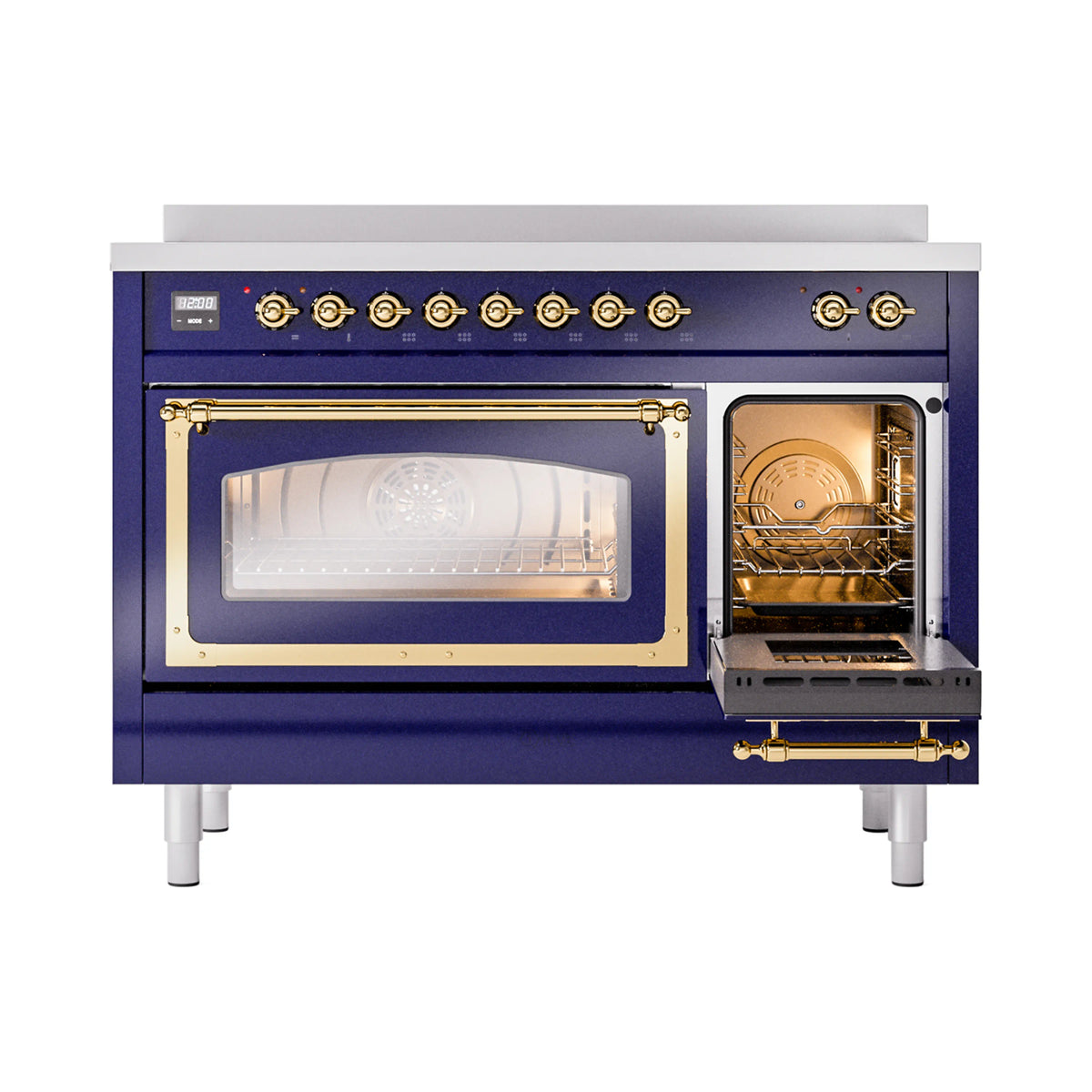 Midnight blue induction range with side oven door open and brass handle detail