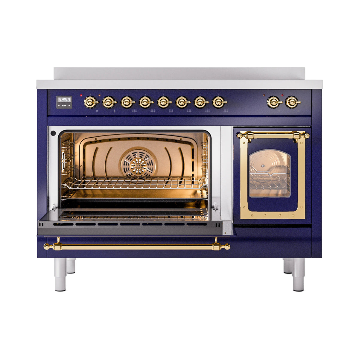 ILVE induction range in midnight blue with brass-trim triple glass oven doors