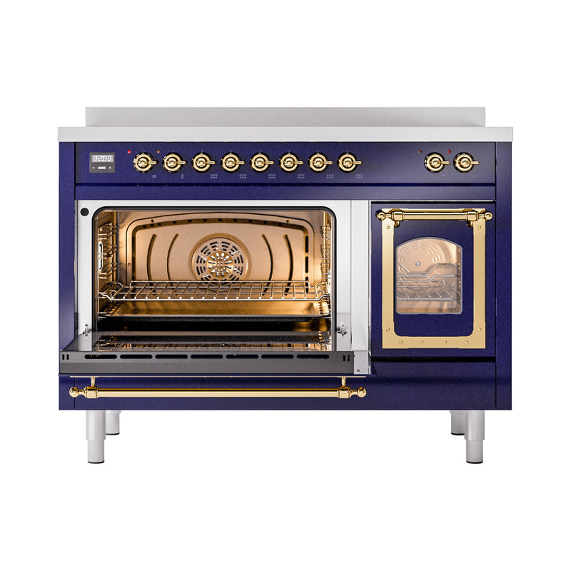 ILVE Nostalgie II Noblesse 48-Inch Induction Range with Triple Glass Door in Midnight Blue with Brass Trim (UNI486NMPMBG)