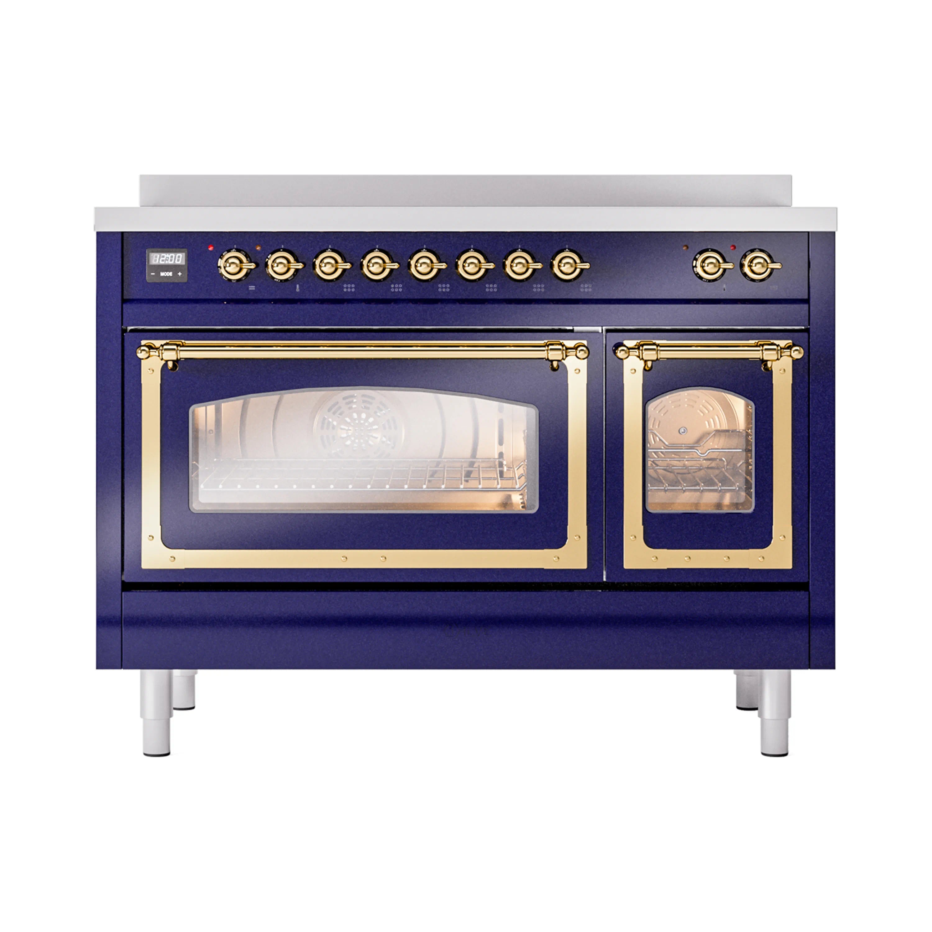 Midnight blue induction range with brass-trim oven doors and visible interior rack