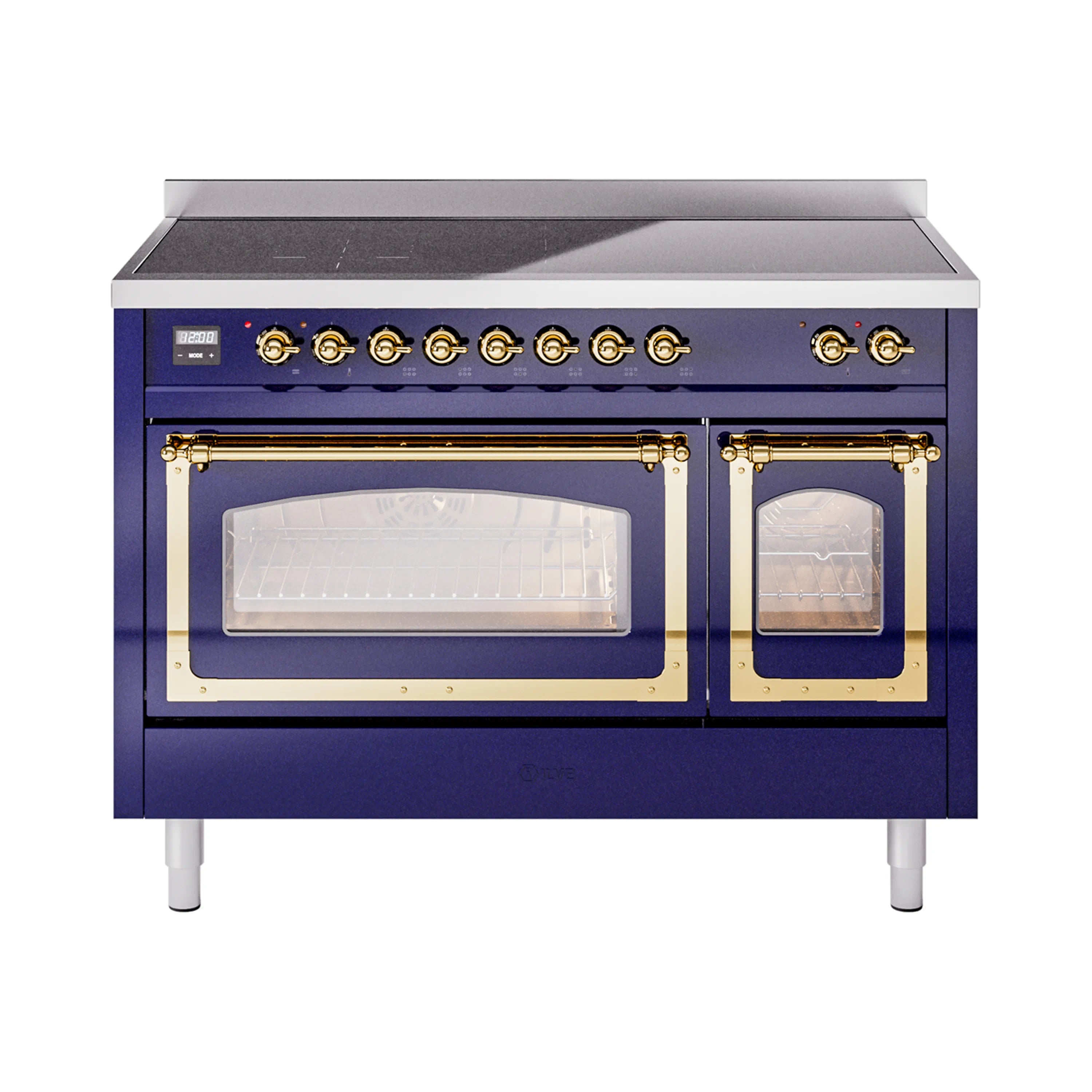 Midnight blue induction range with triple glass doors and brass door frames