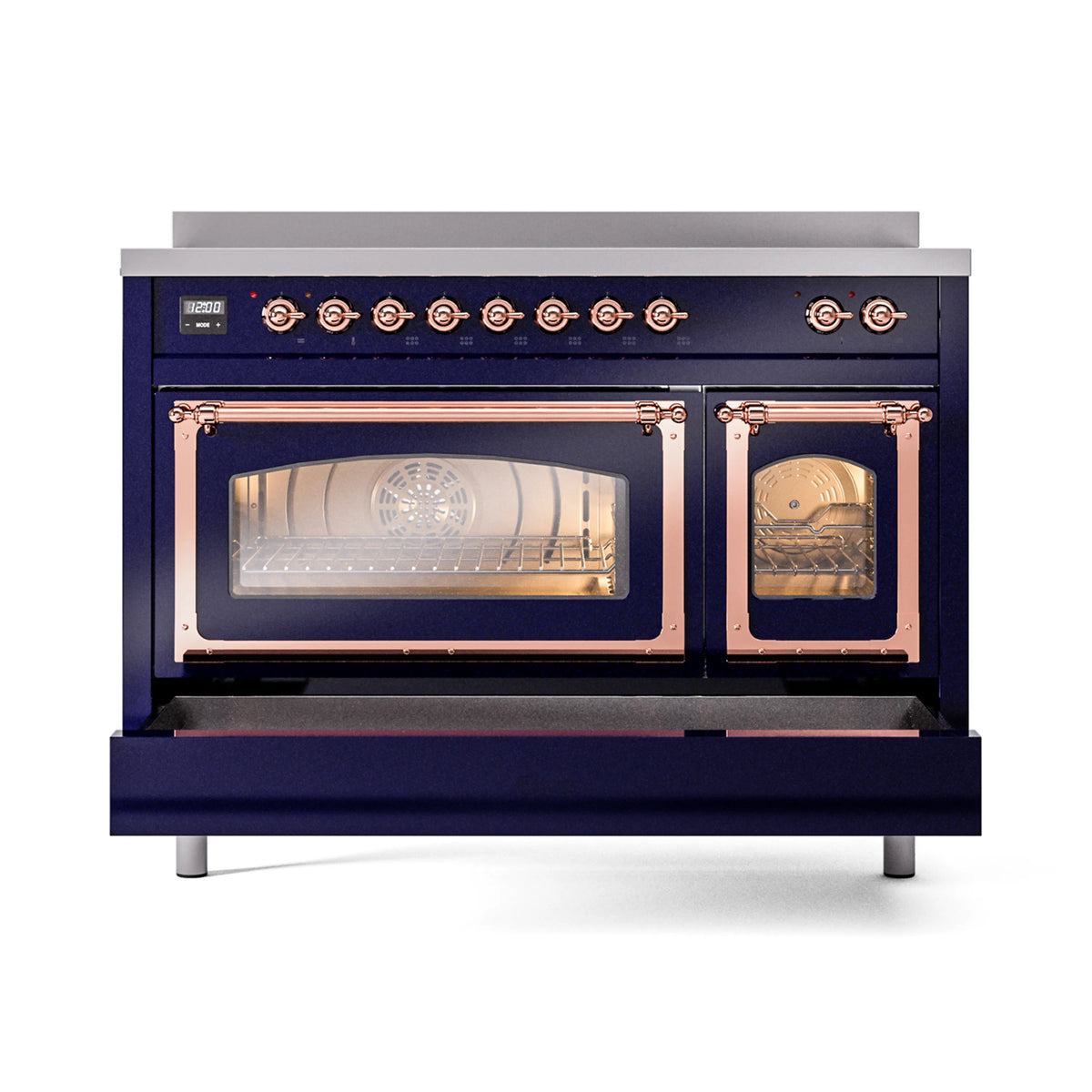 Induction range with one oven door open, triple glass doors, midnight blue and copper trim