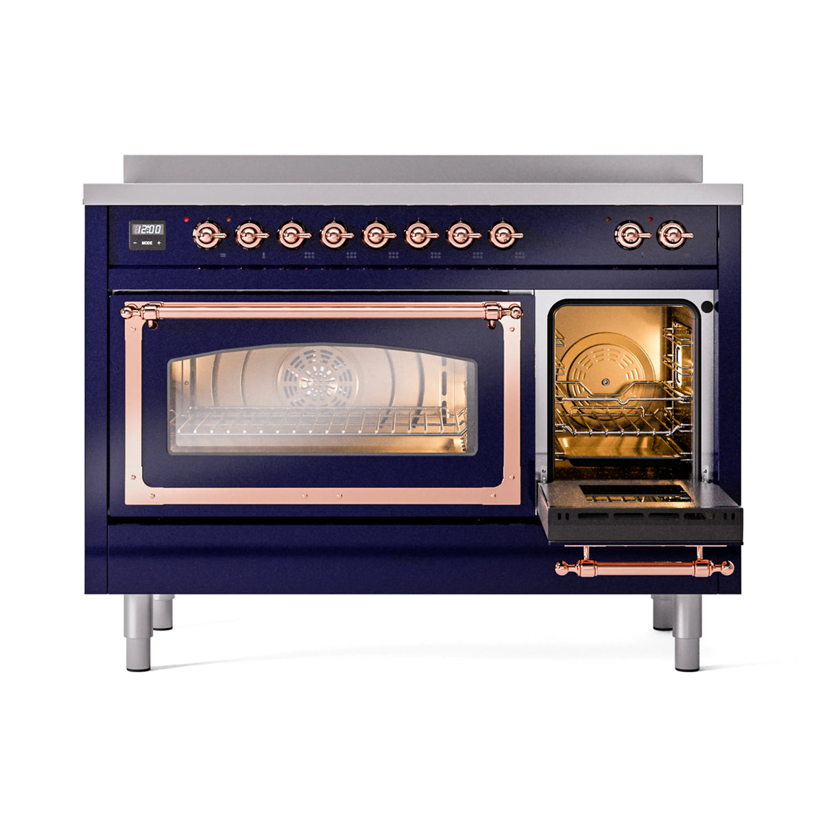 48-inch induction range with triple glass doors, midnight blue, copper trim