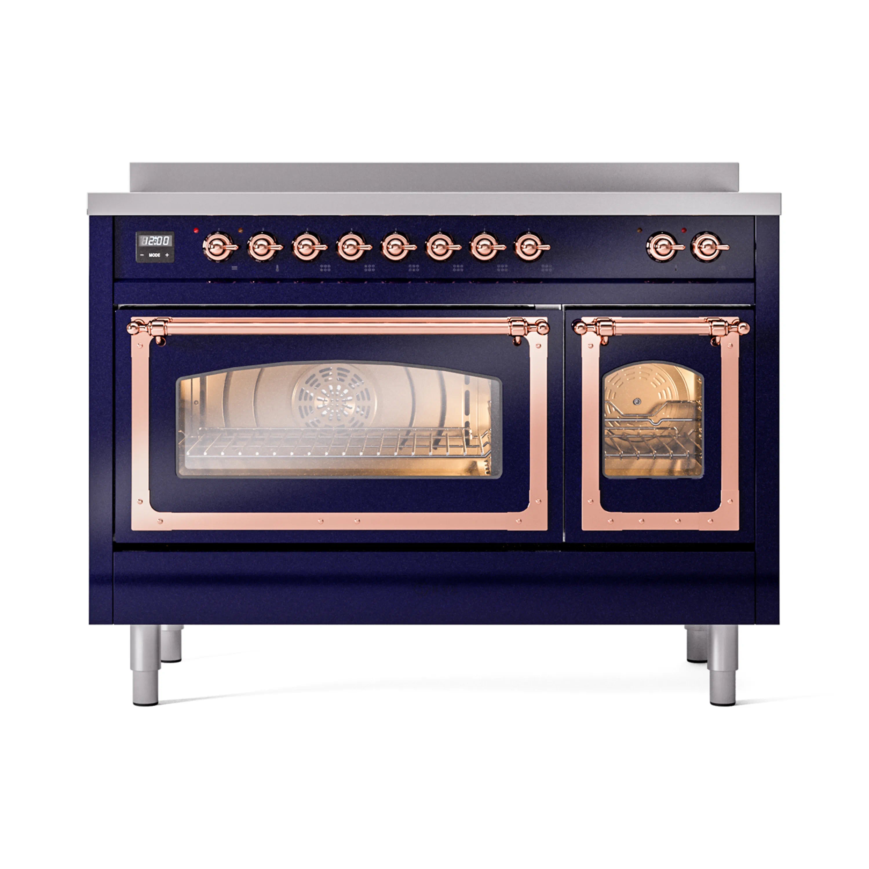 Induction range with closed triple glass doors in midnight blue with copper trim