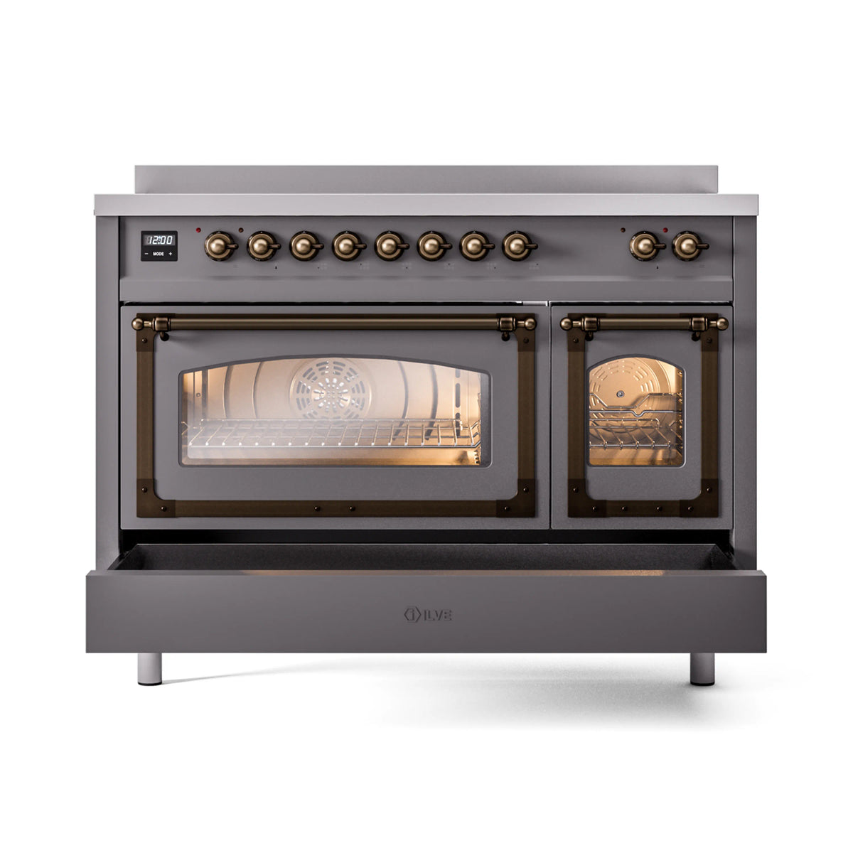 48-inch induction range with oven door open, lit cavity and side triple glass window