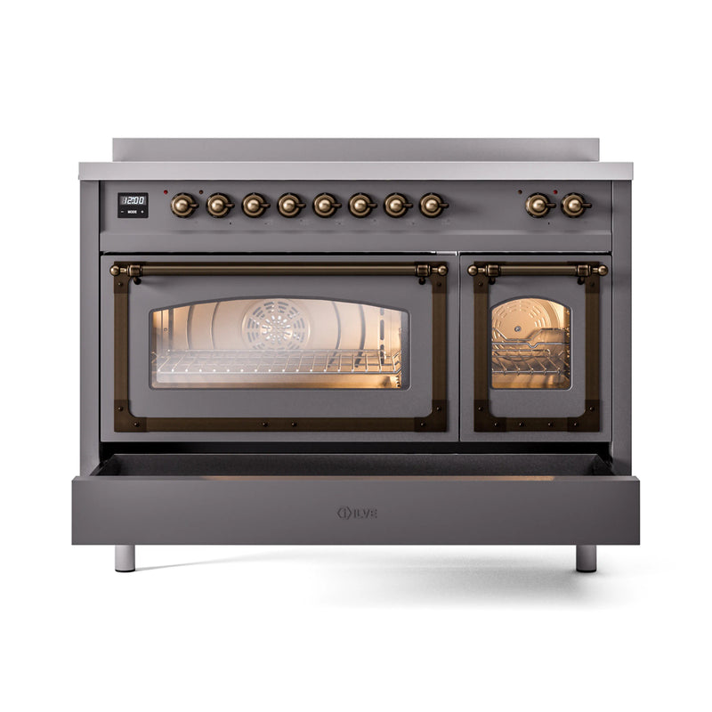 ILVE Nostalgie II Noblesse 48-Inch Induction Range with Triple Glass Door in Matte Graphite with Bronze Trim (UNI486NMPMGB)