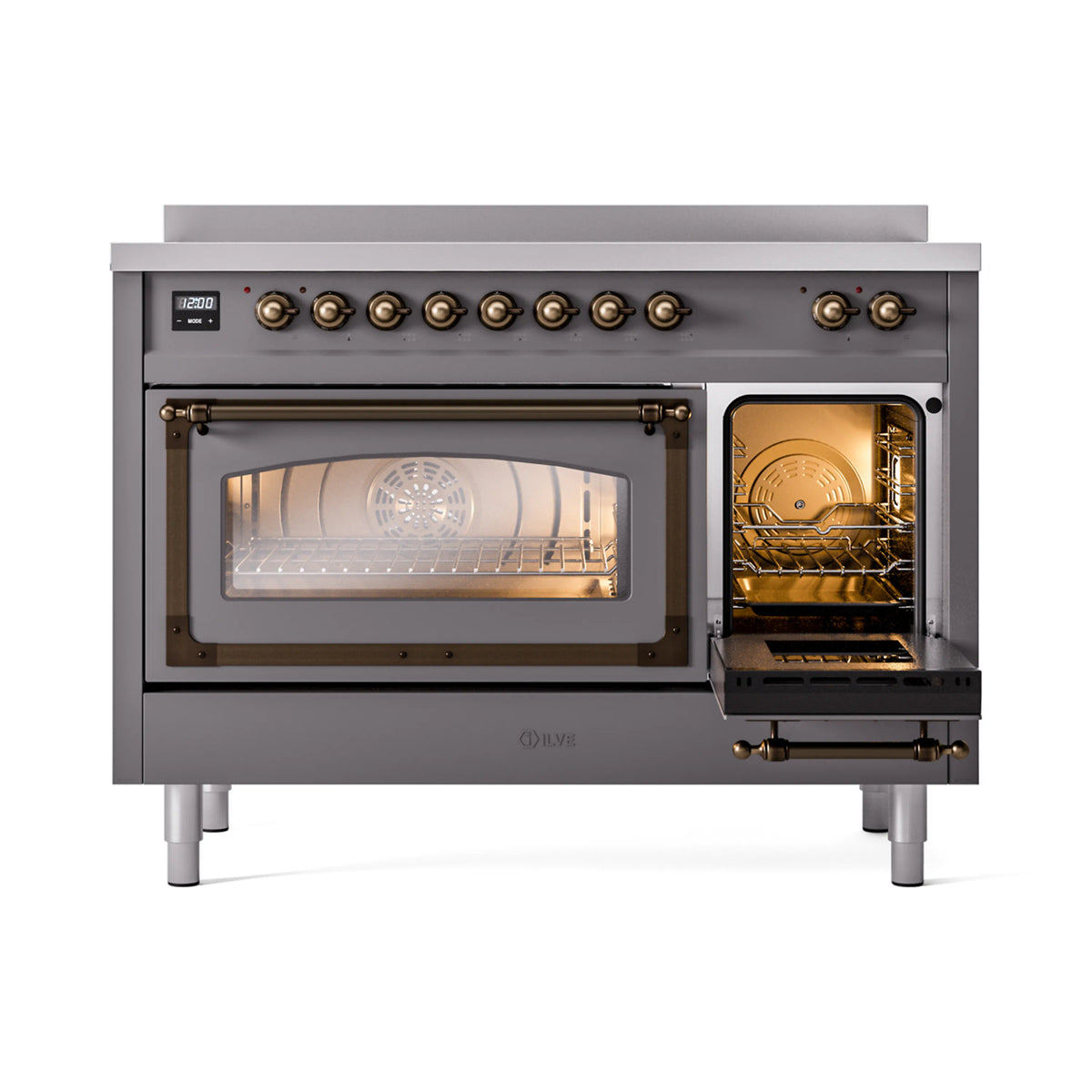 48-inch induction range with triple glass doors, matte graphite and bronze trim