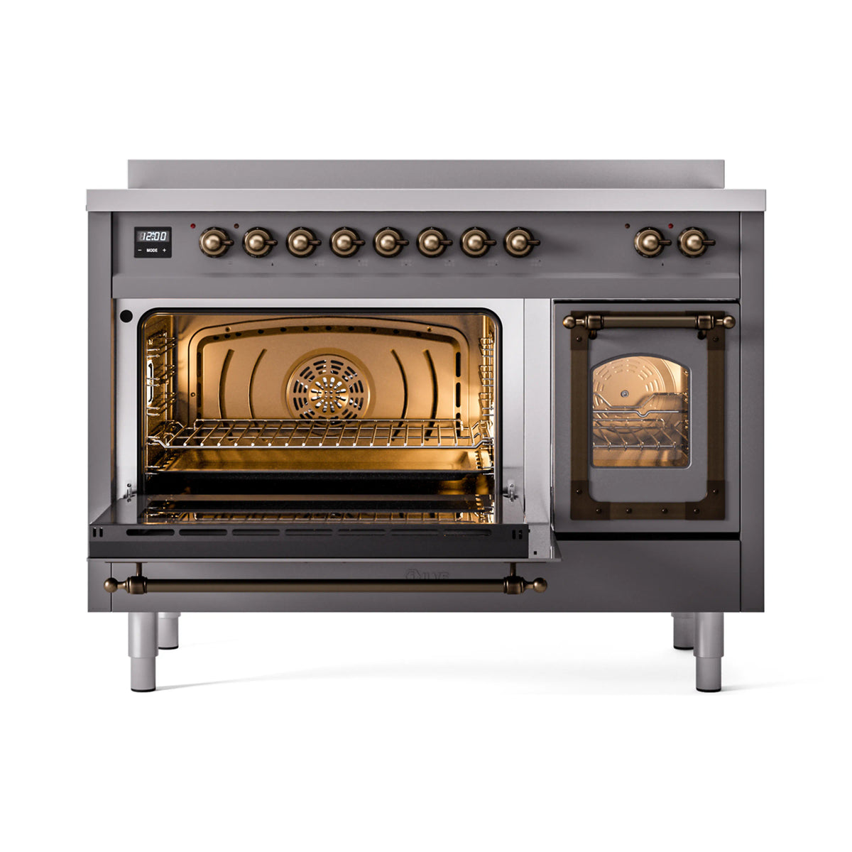 48-inch induction range with open oven doors, lit interior and bronze trim hardware