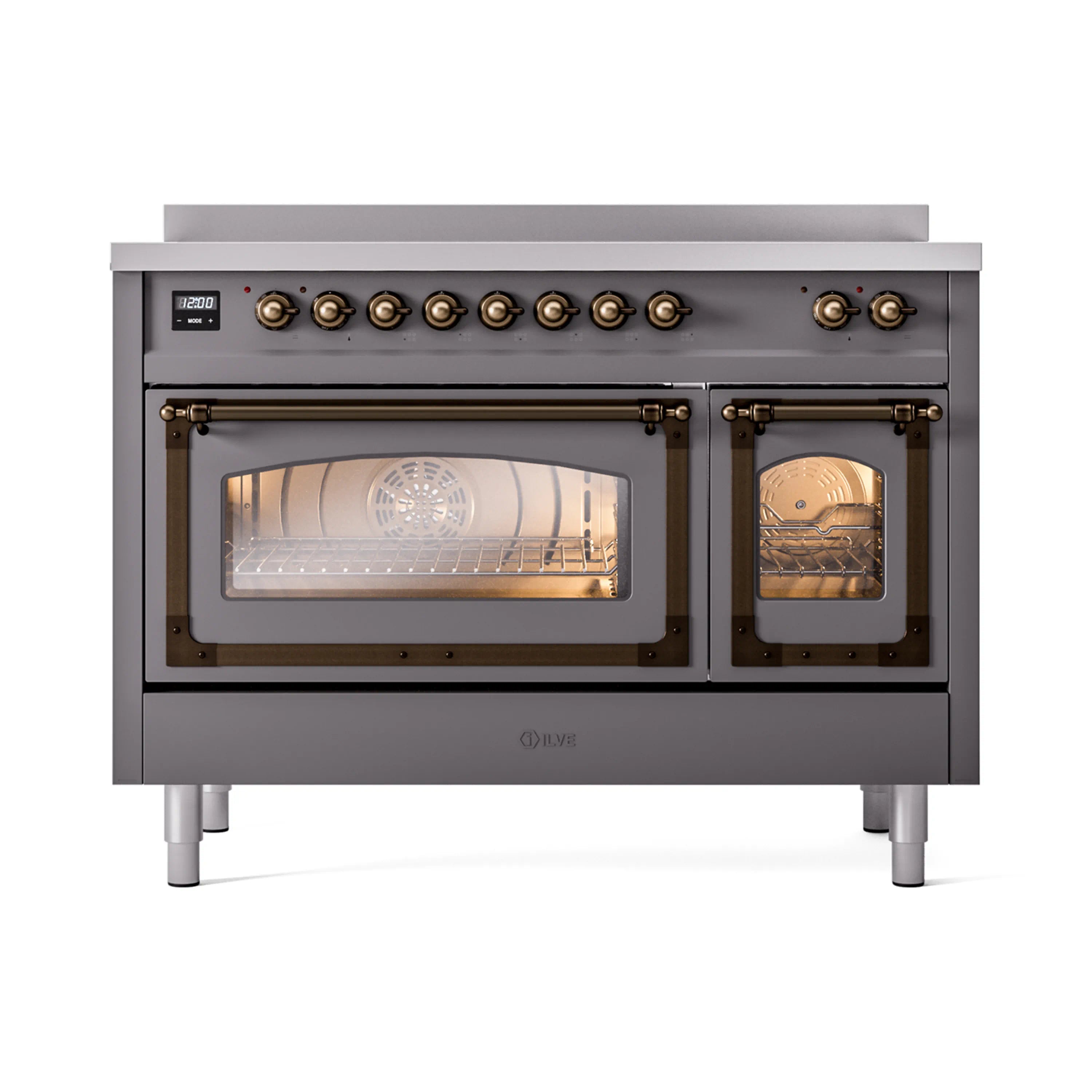 48-inch induction range with viewing windows on two doors, matte graphite and bronze trim