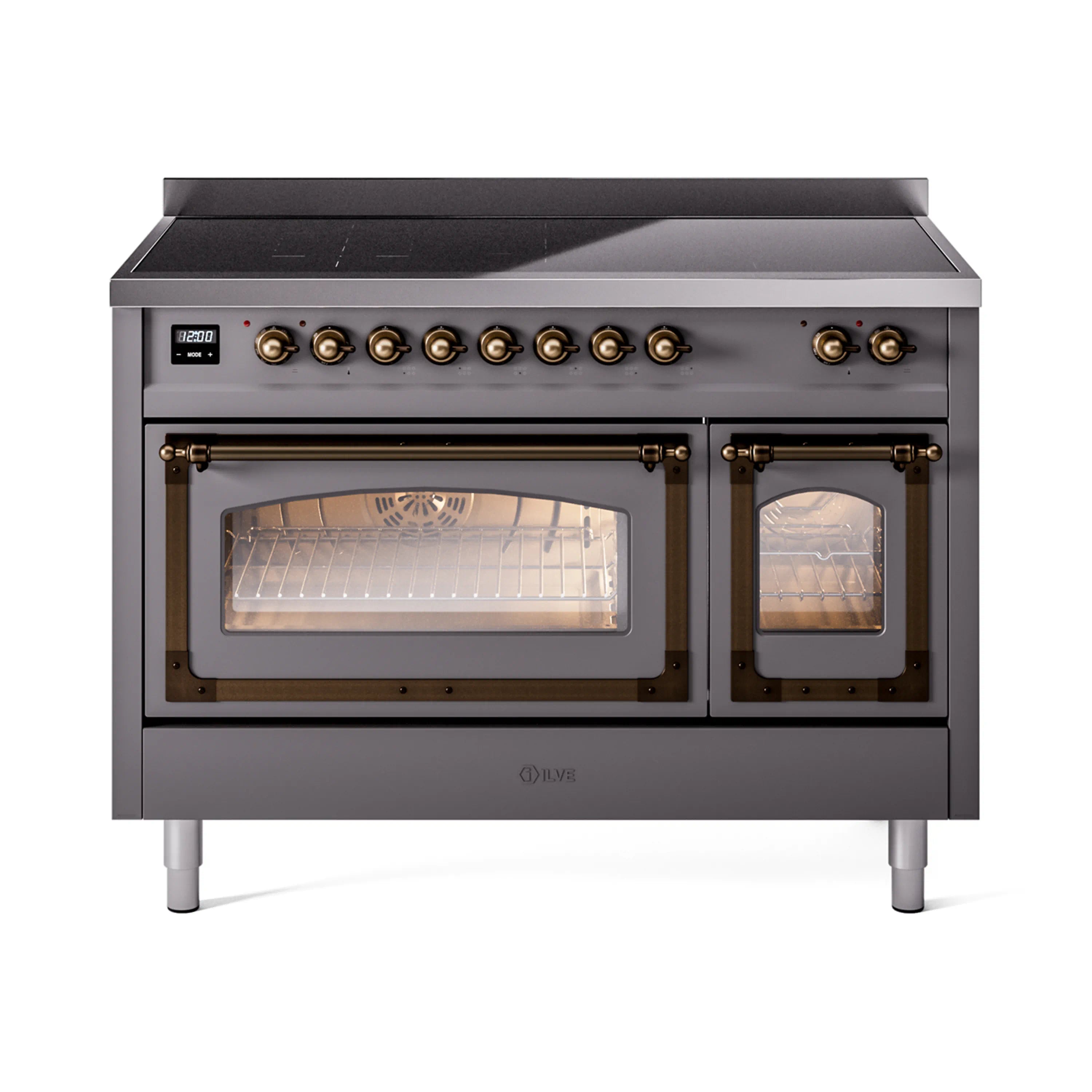 48-inch induction range with triple glass doors closed, bronze knob controls and matte graphite