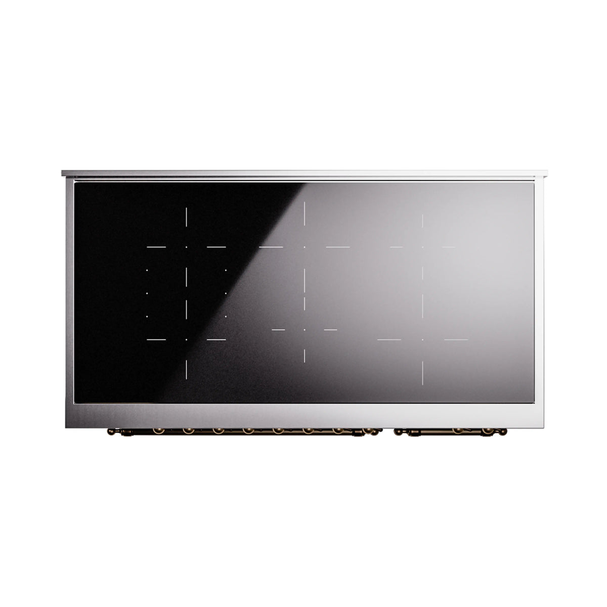 Matte graphite induction range front panel with black glass and white layout lines