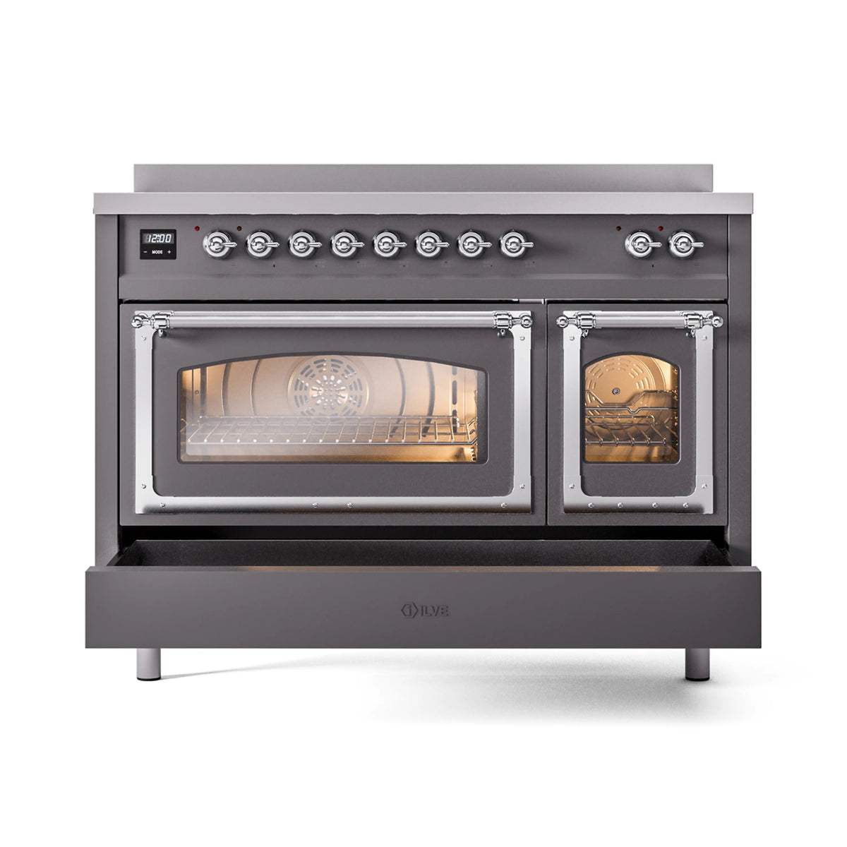 Matte graphite induction range with chrome-trim doors and lit oven windows, triple glass.