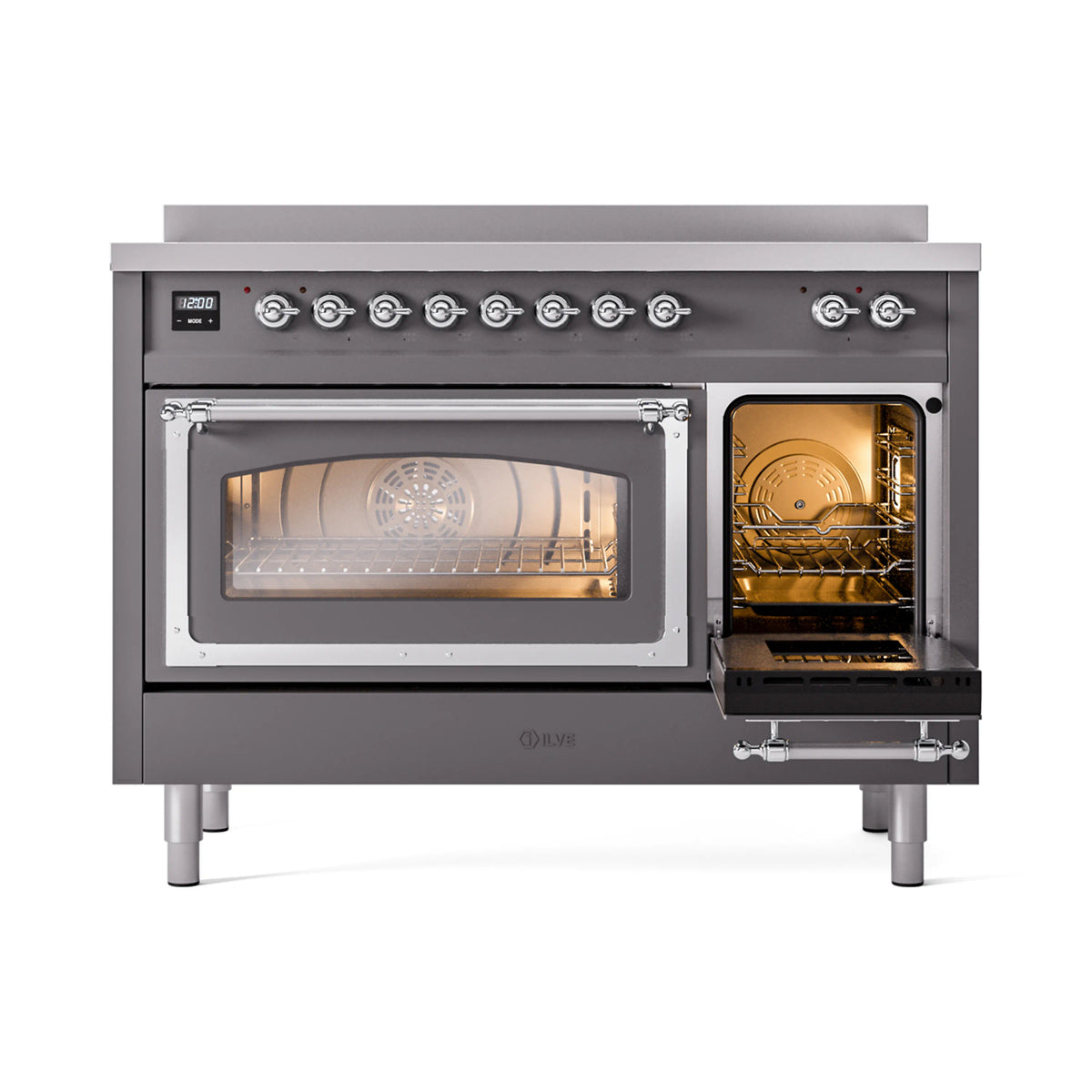 Matte graphite induction range with chrome-trim double doors; right oven door open, interior lit.