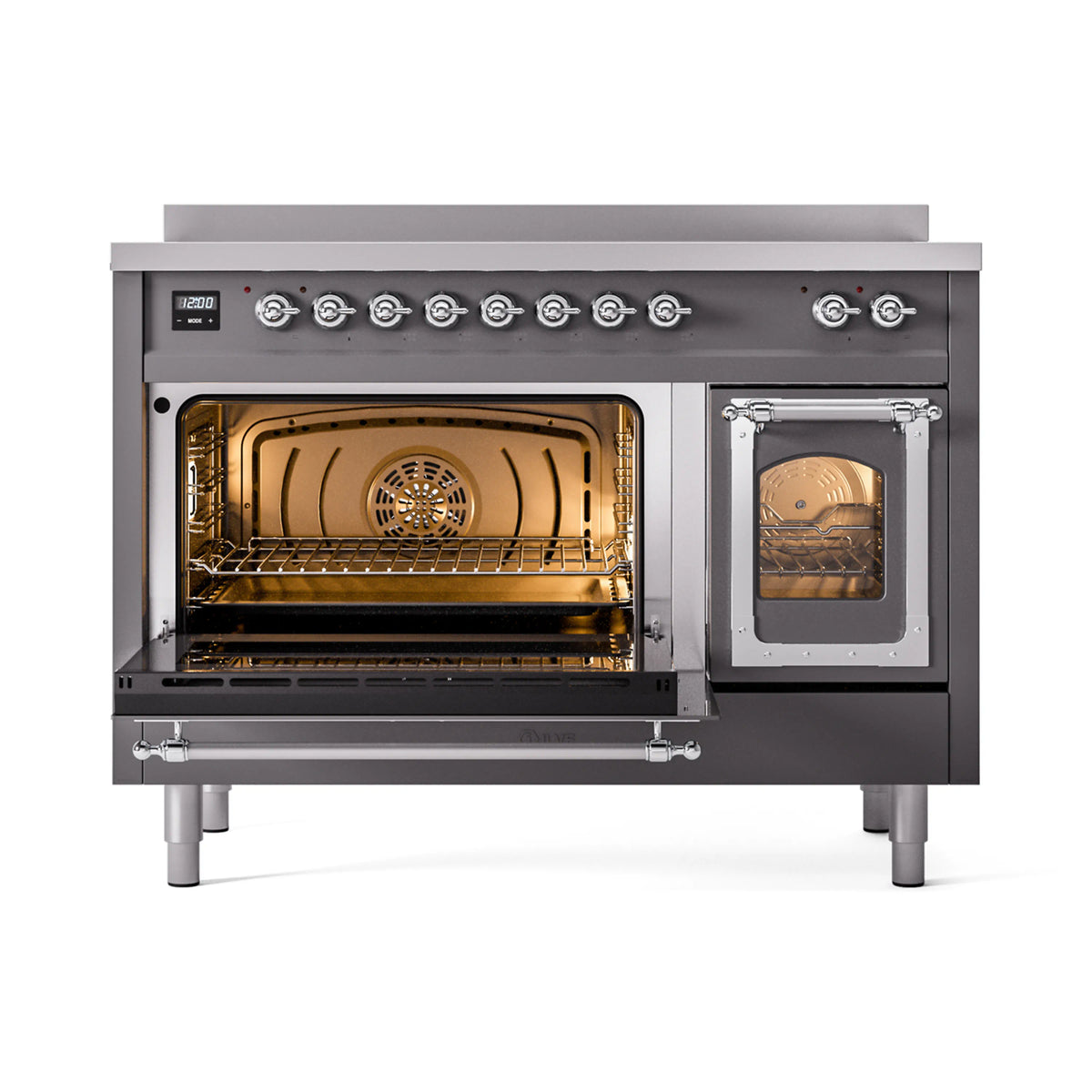 Matte graphite induction range with chrome-trim doors; left oven door open, right door closed.