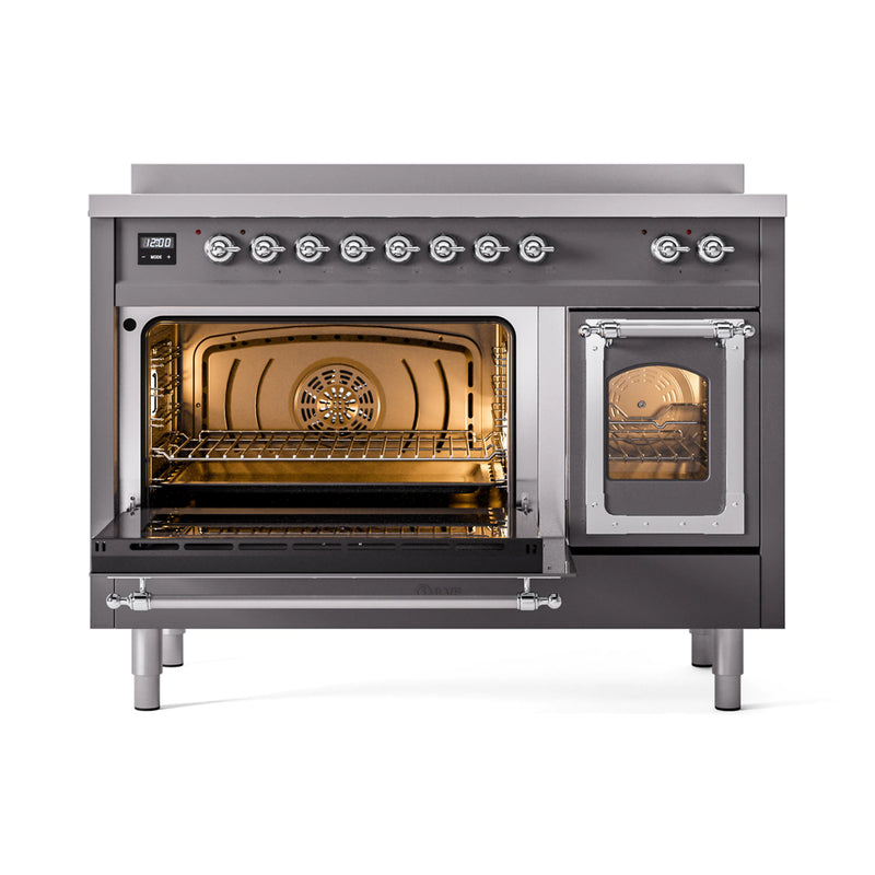 ILVE Nostalgie II Noblesse 48-Inch Induction Range with Triple Glass Door in Matte Graphite with Chrome Trim (UNI486NMPMGC)