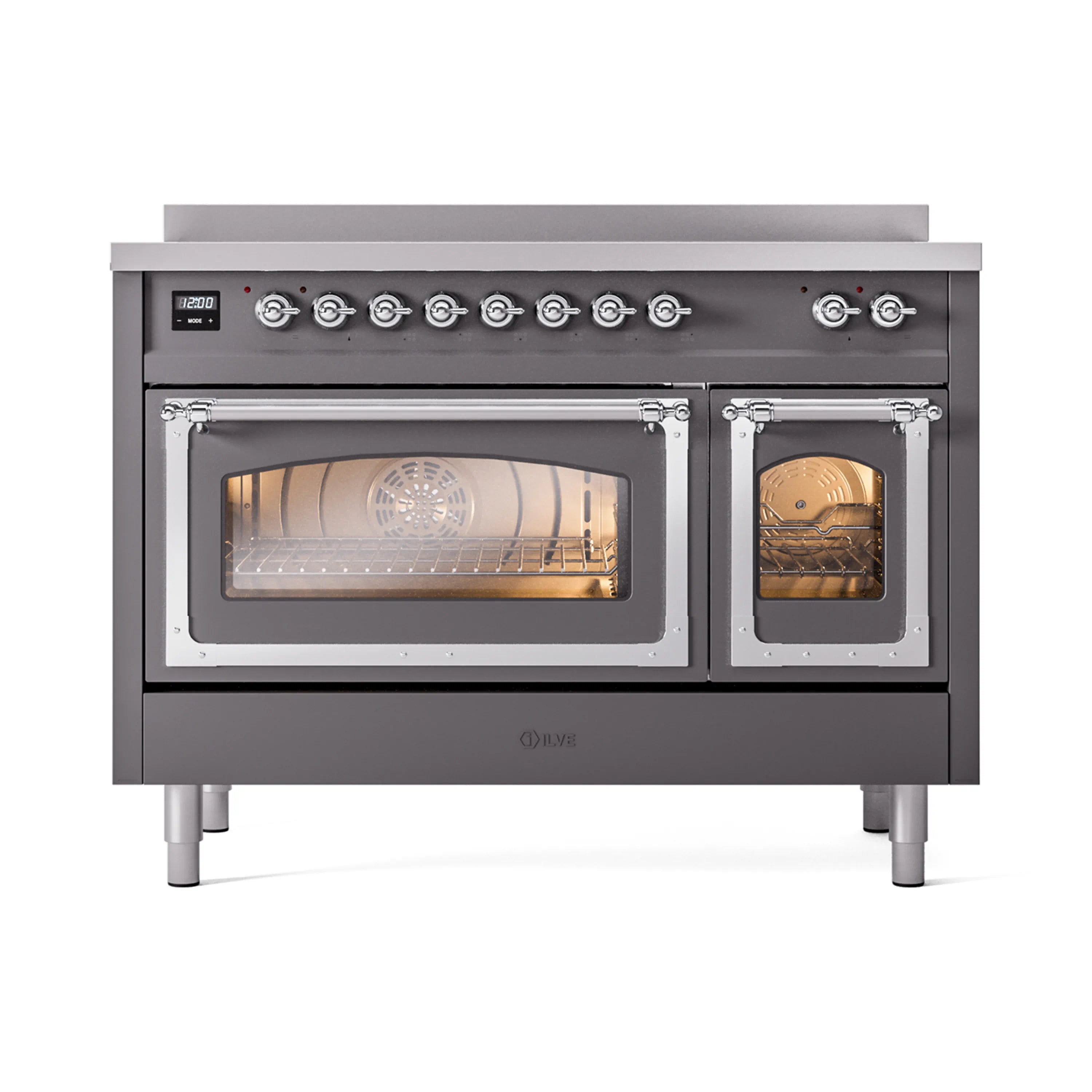 Matte graphite induction range with chrome-trim doors; right oven door open, interior visible.