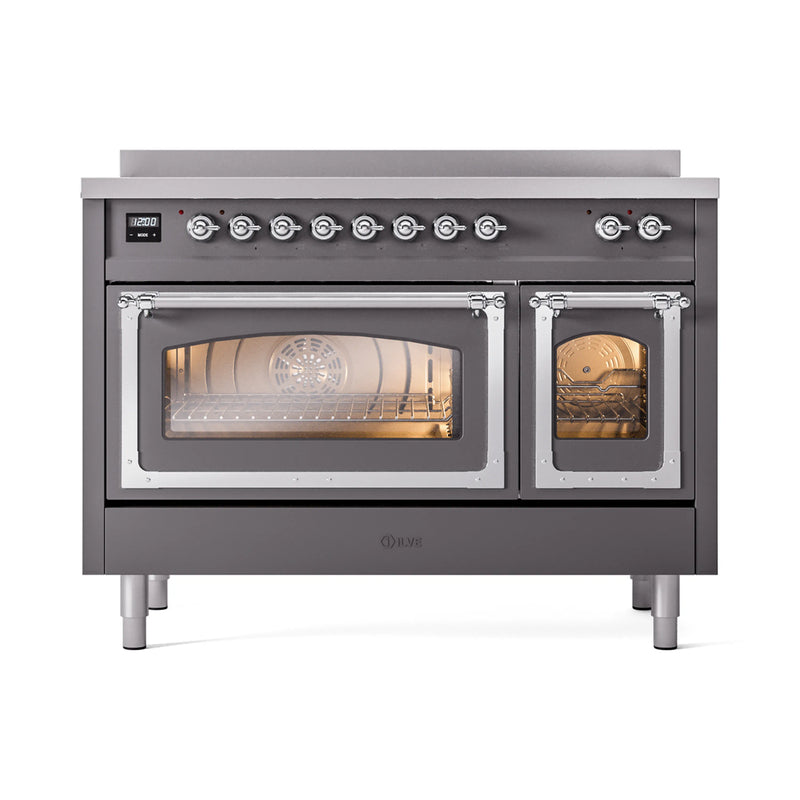 ILVE Nostalgie II Noblesse 48-Inch Induction Range with Triple Glass Door in Matte Graphite with Chrome Trim (UNI486NMPMGC)