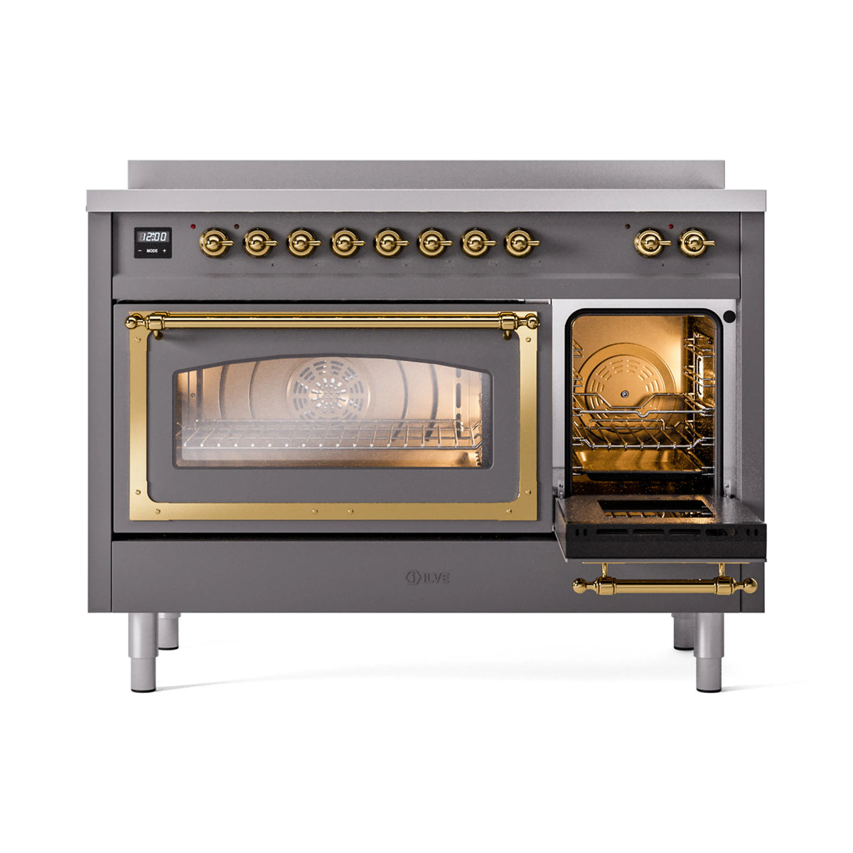 Matte graphite induction range with one oven open, brass handle, and lit oven racks