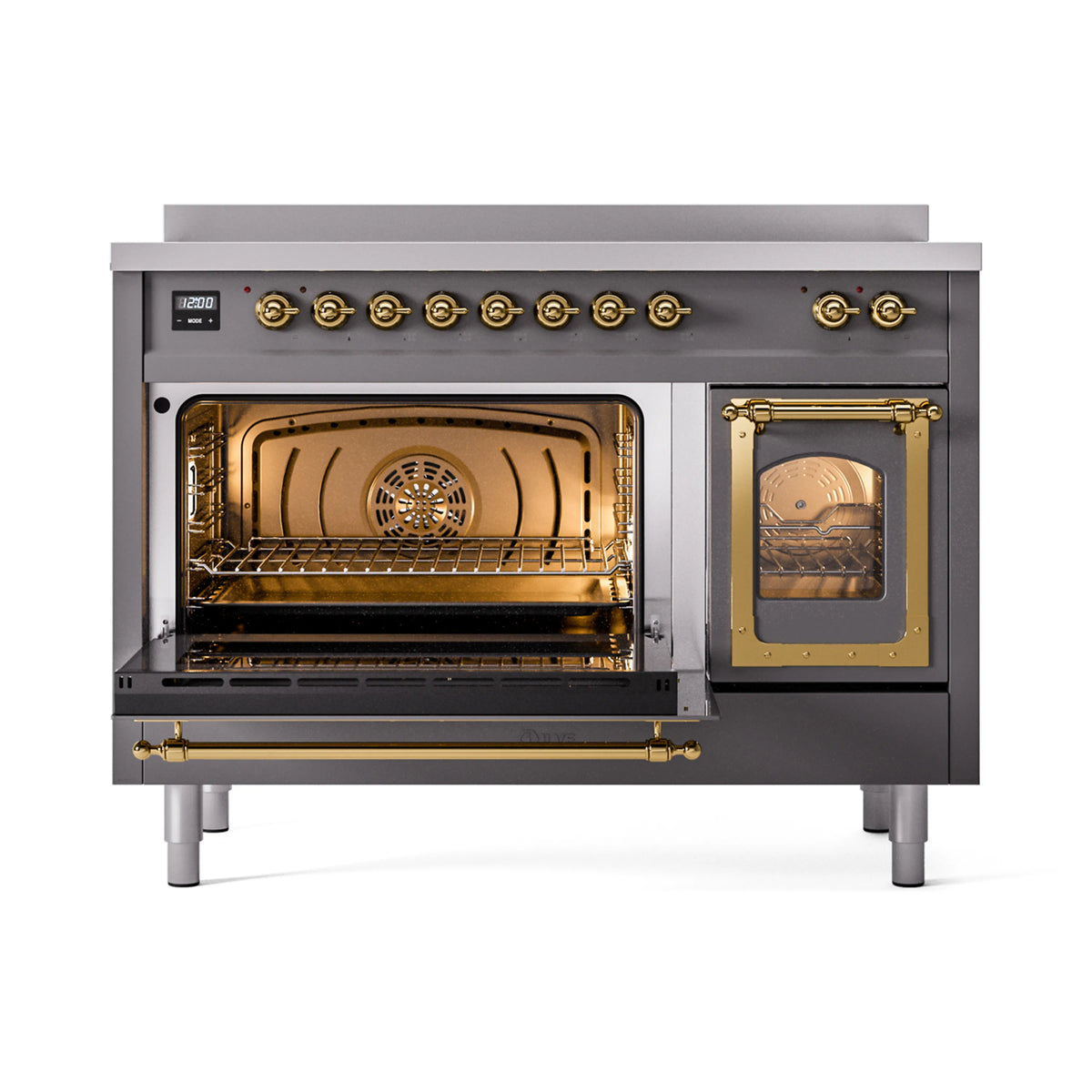 Matte graphite induction range with both oven compartments open and brass-trim doors