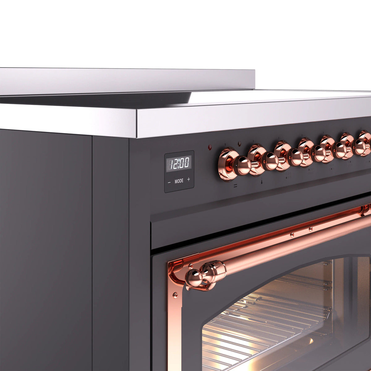 Induction range control panel with digital display and copper-accented burner knobs