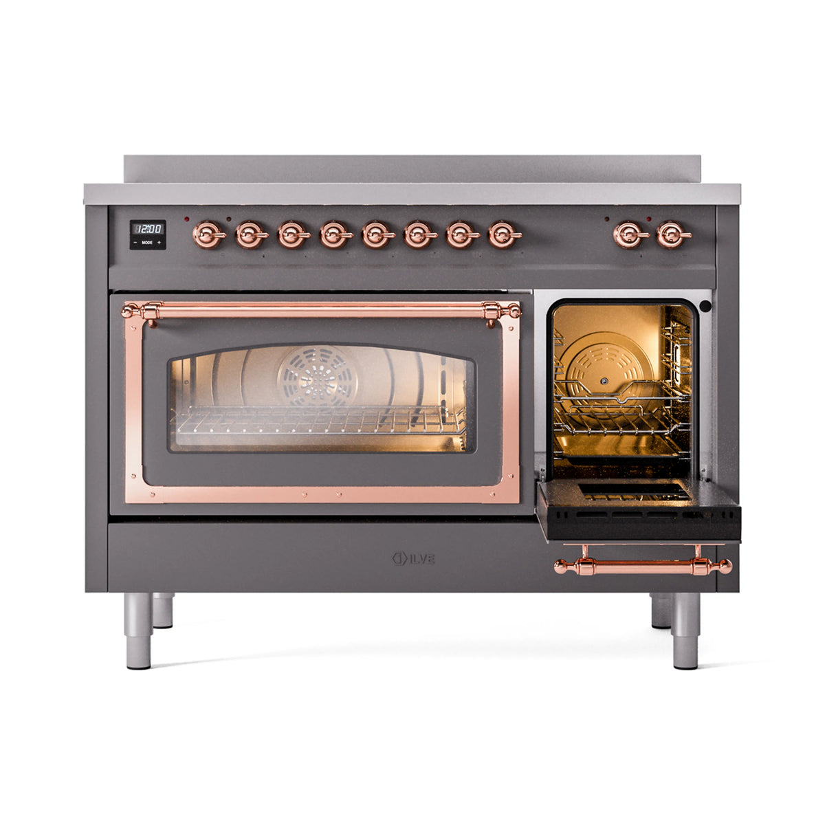 Induction range with one oven door open, showing illuminated interior racks and copper frame