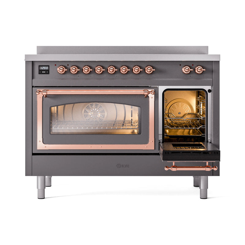 ILVE Nostalgie II Noblesse 48-Inch Induction Range with Triple Glass Door in Matte Graphite with Copper Trim (UNI486NMPMGP)