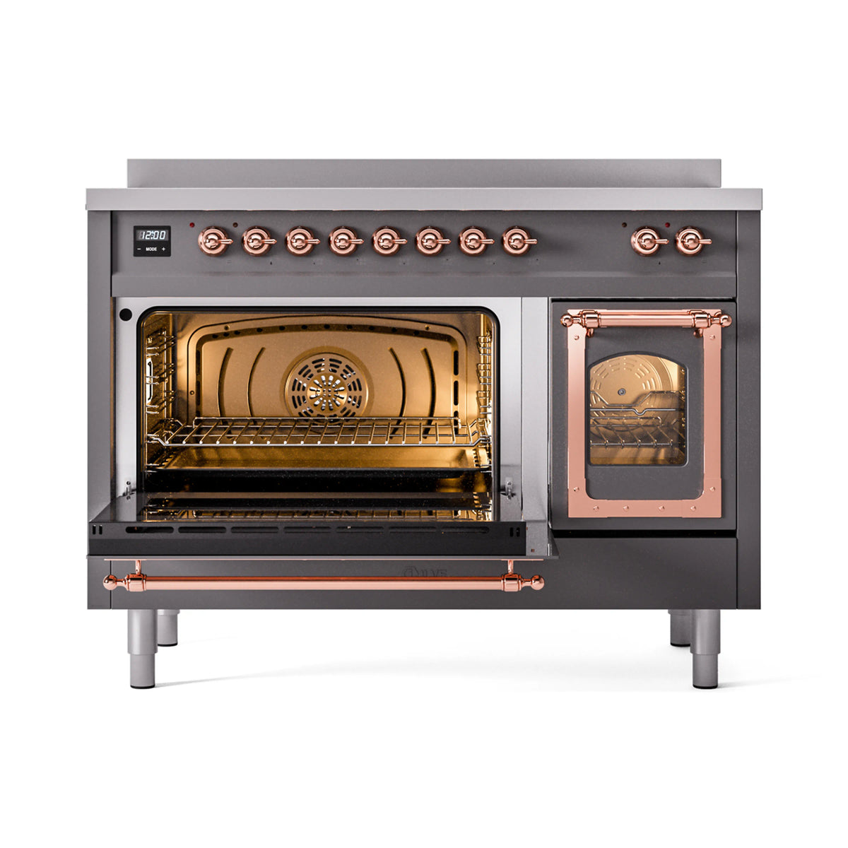 Induction range interior view with illuminated oven cavity, racks, and copper door trim