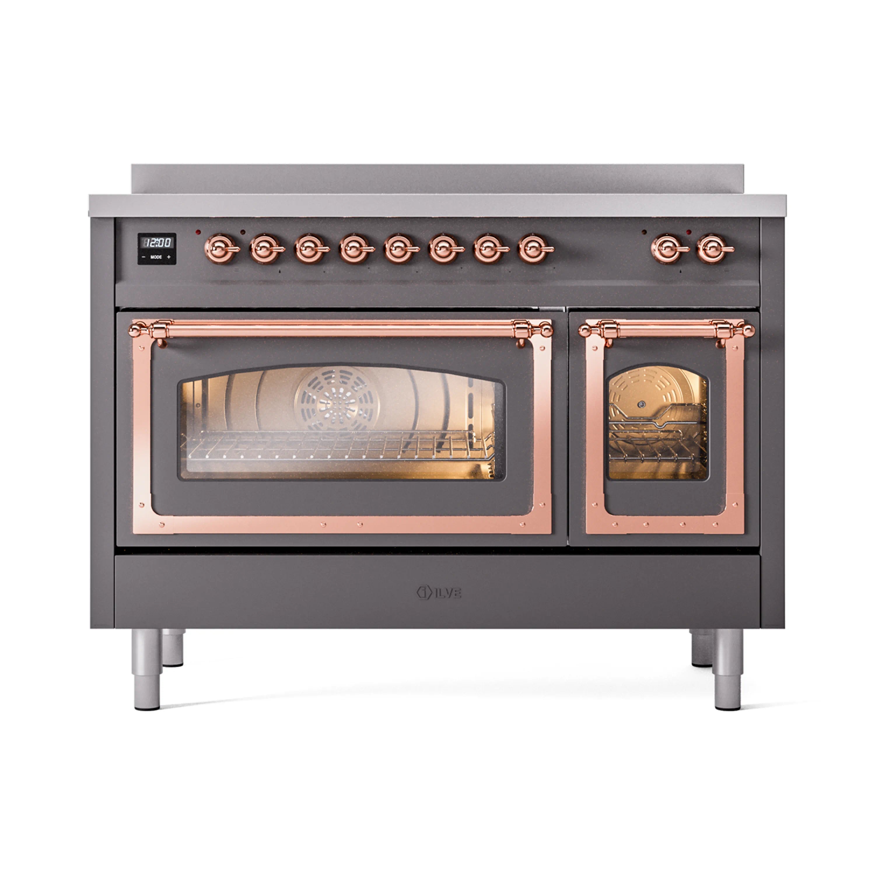 Matte graphite induction range with copper handle trim and two glass oven doors closed