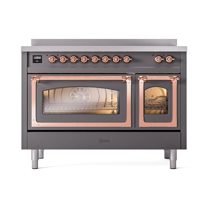ILVE Nostalgie II Noblesse 48-Inch Induction Range with Triple Glass Door in Matte Graphite with Copper Trim (UNI486NMPMGP)
