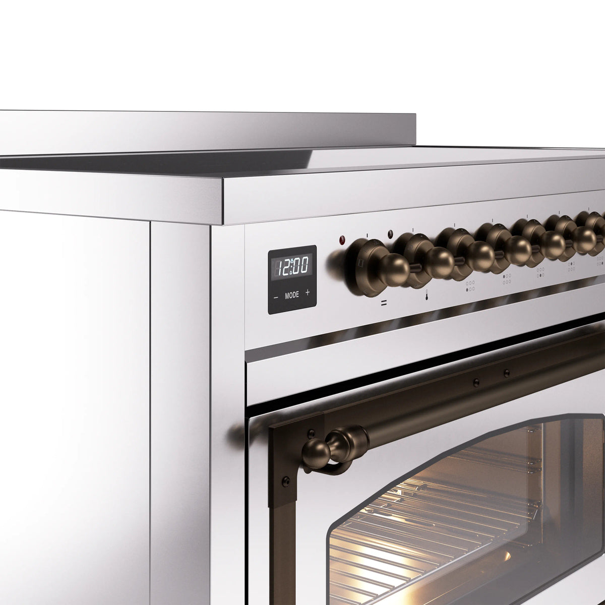Induction range control panel with bronze knobs and digital display