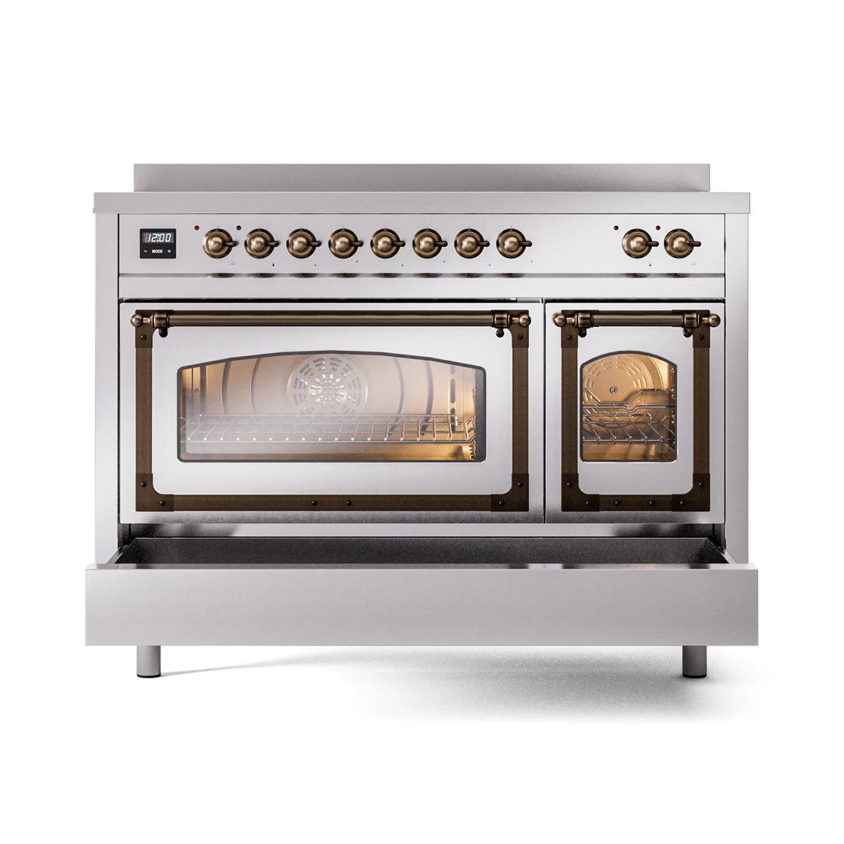 Stainless induction range with open triple glass doors, bronze-trim frame