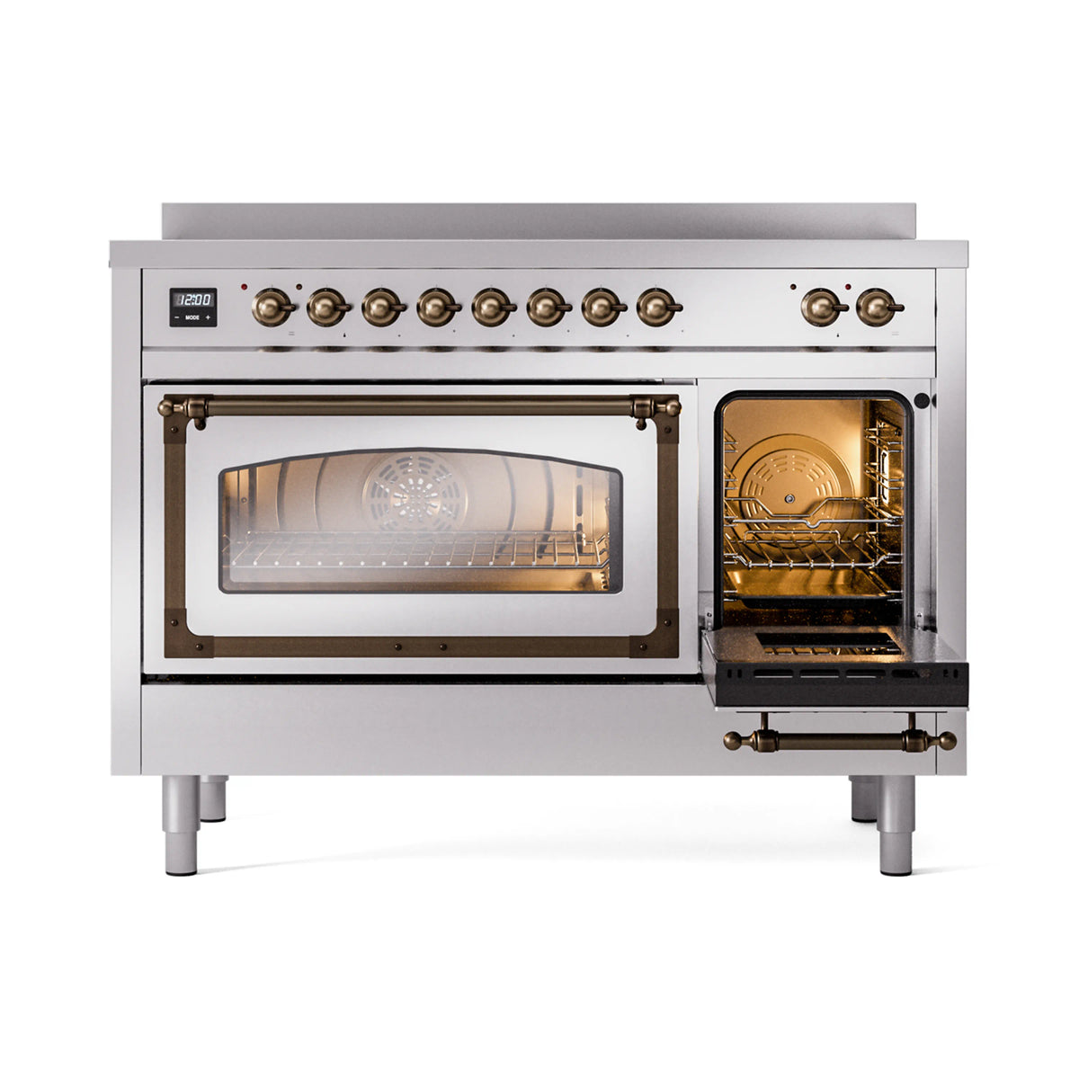 Stainless induction range with triple glass doors and bronze trim, front view