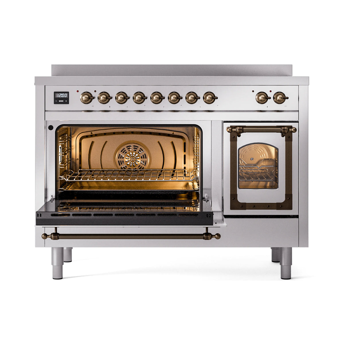 Stainless induction range with open triple glass doors, illuminated oven interiors, bronze trim