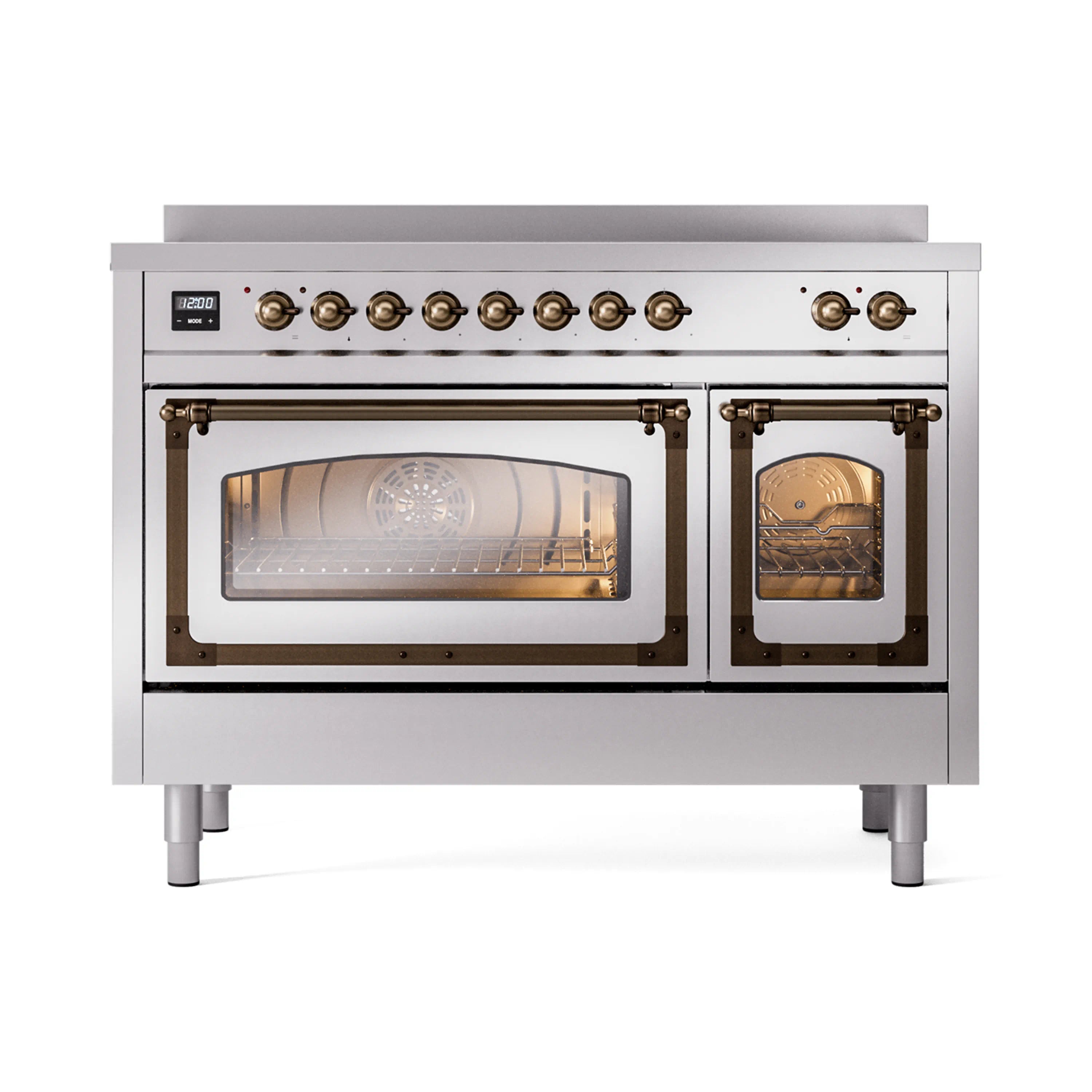 Stainless induction range with triple glass doors and bronze trim, oven door view