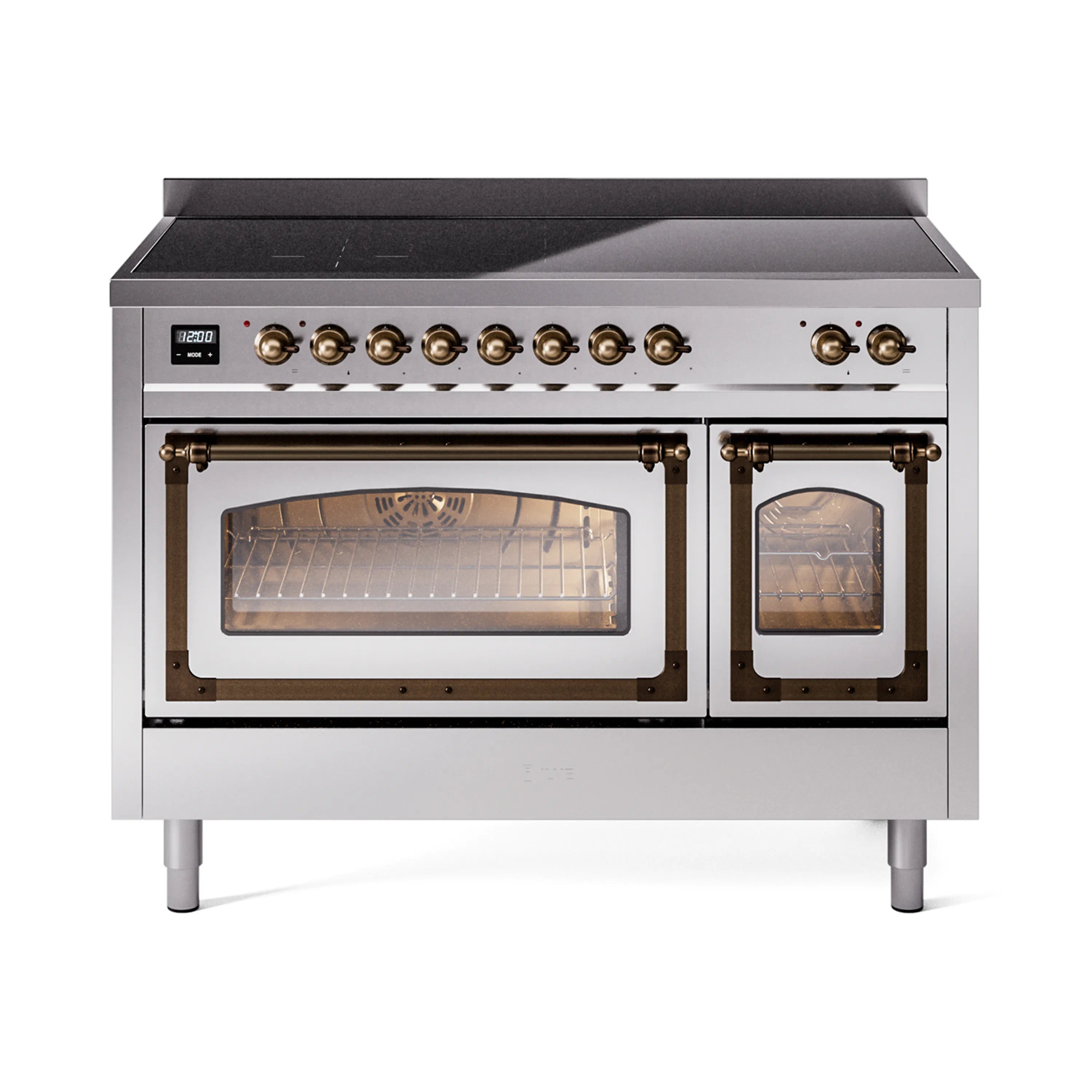 Stainless induction range with bronze-trim controls and triple glass oven doors